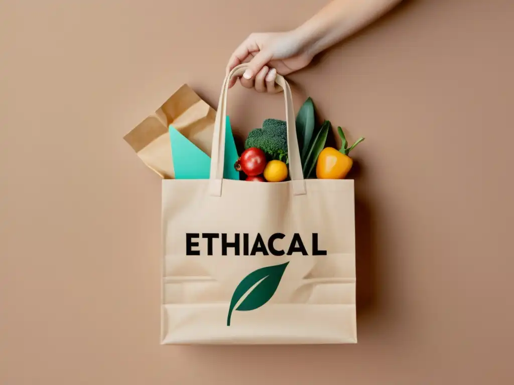 Una mano diversa sostiene bolsa con productos eco, en ilustración minimalista de colores tierra