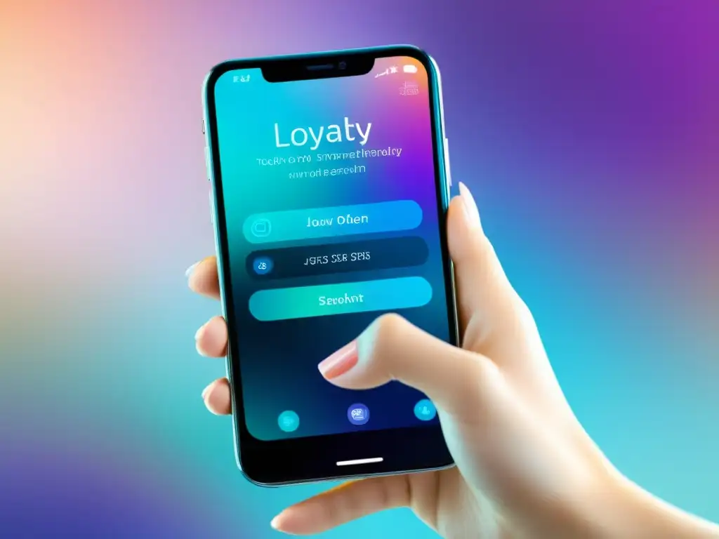 Mano elegante alcanza smartphone con programa de fidelización clientes comercio electrónico, exhibe sofisticación y avance tecnológico