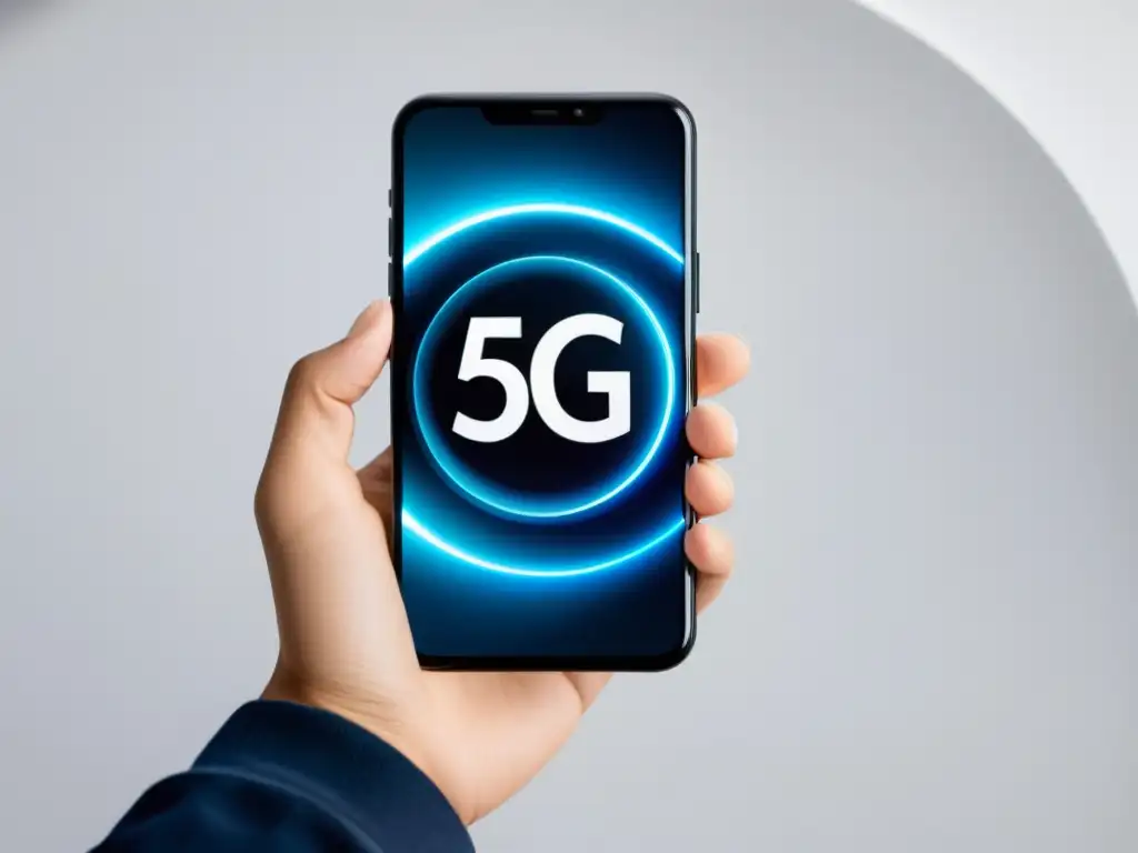 Una mano sostiene un elegante smartphone con el símbolo 5G en pantalla, en un fondo blanco