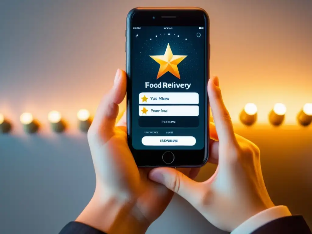 Mano seleccionando estrellas en app de reseñas de comida a domicilio