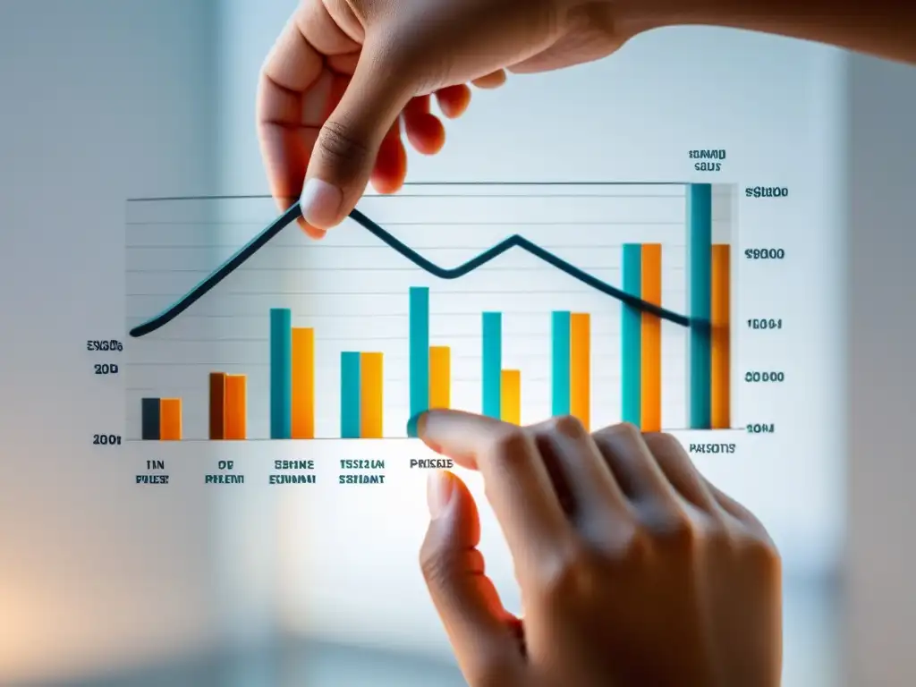 Mano humana sostiene delicadamente un modelo transparente de gráfico de estrategia de precios, resaltando factores de coste y ética