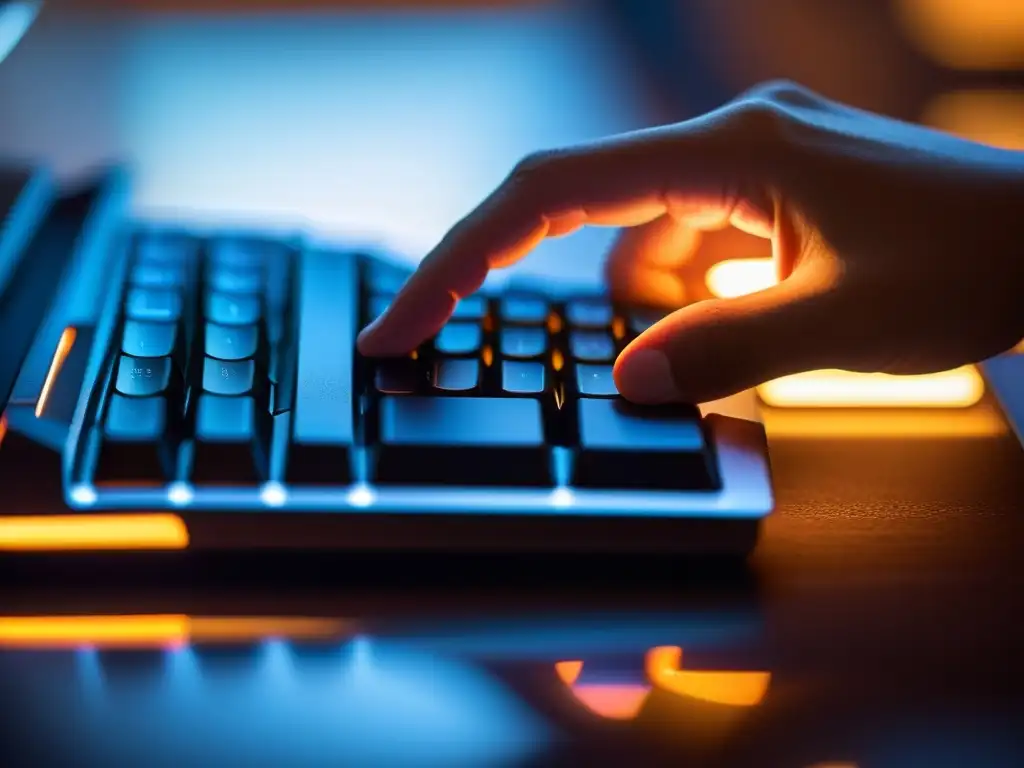 Mano humana escribiendo en teclado moderno, iluminado con luz cálida