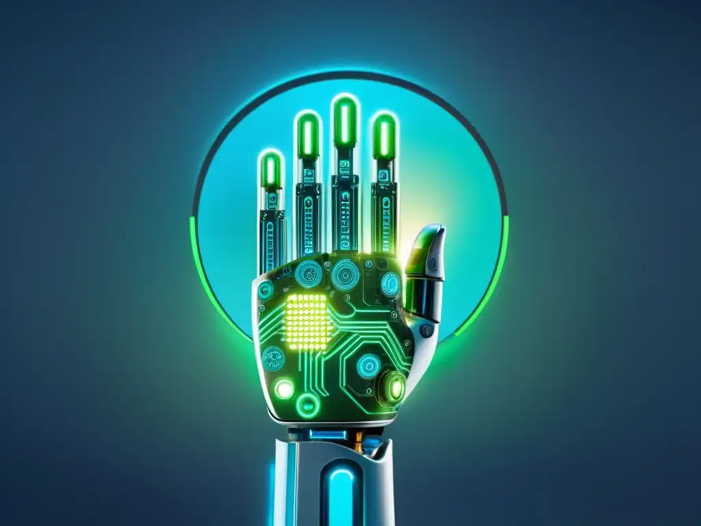 Una mano robótica futurista tocando una interfaz digital con elementos azules y verdes brillantes, simbolizando la integración de inteligencia artificial en la automatización de marketing en ecommerce