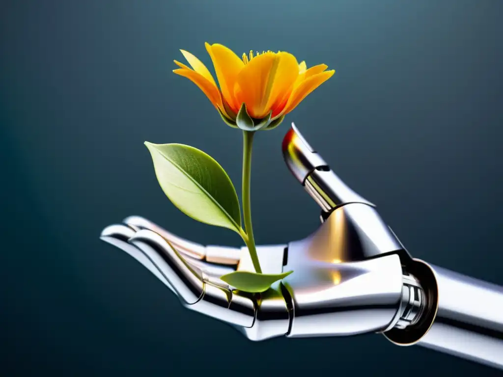 Una mano robótica plateada sostiene suavemente una flor vibrante, simbolizando la Inteligencia Emocional Artificial en Ecommerce