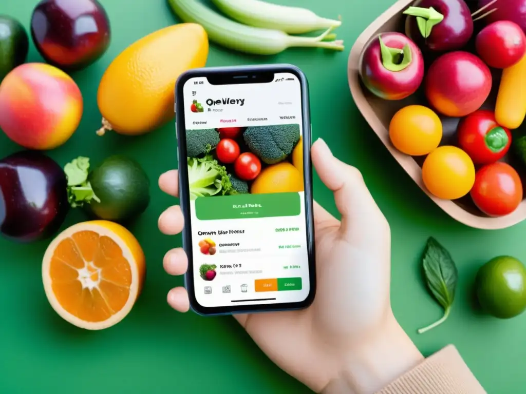 Mano sostiene smartphone con app de delivery de alimentos, mostrando frutas y verduras frescas