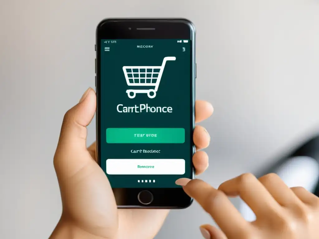 Mano sostiene smartphone con app de ecommerce minimalista, destacando estrategias retargeting carritos abandonados