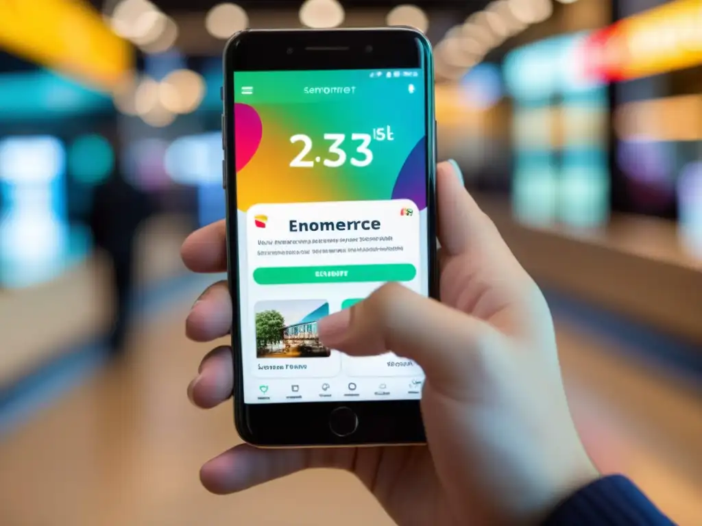 Mano sosteniendo smartphone con app de ecommerce vibrante
