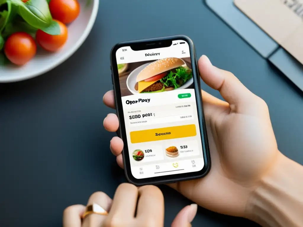 Una mano sostiene un smartphone con una app de entrega de comida, asegurando la compra segura de alimentos en línea