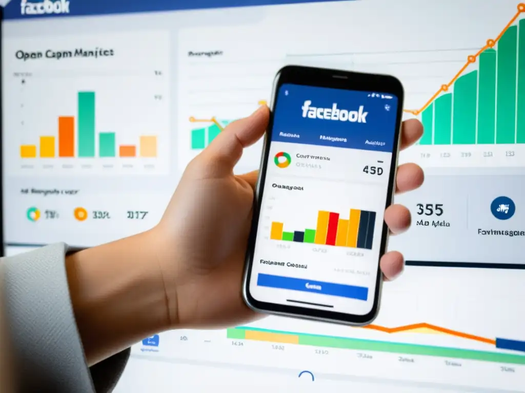 Una mano sostiene un smartphone con la app de Facebook Ad Manager abierta, mostrando gráficos y análisis de rendimiento de campañas publicitarias