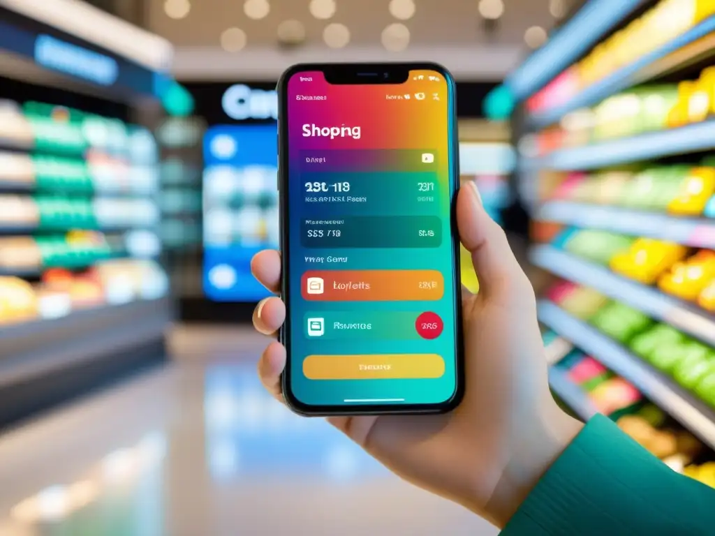 Mano sosteniendo smartphone con app de fidelización postcompra en comercio electrónico, diseño moderno y colores vibrantes