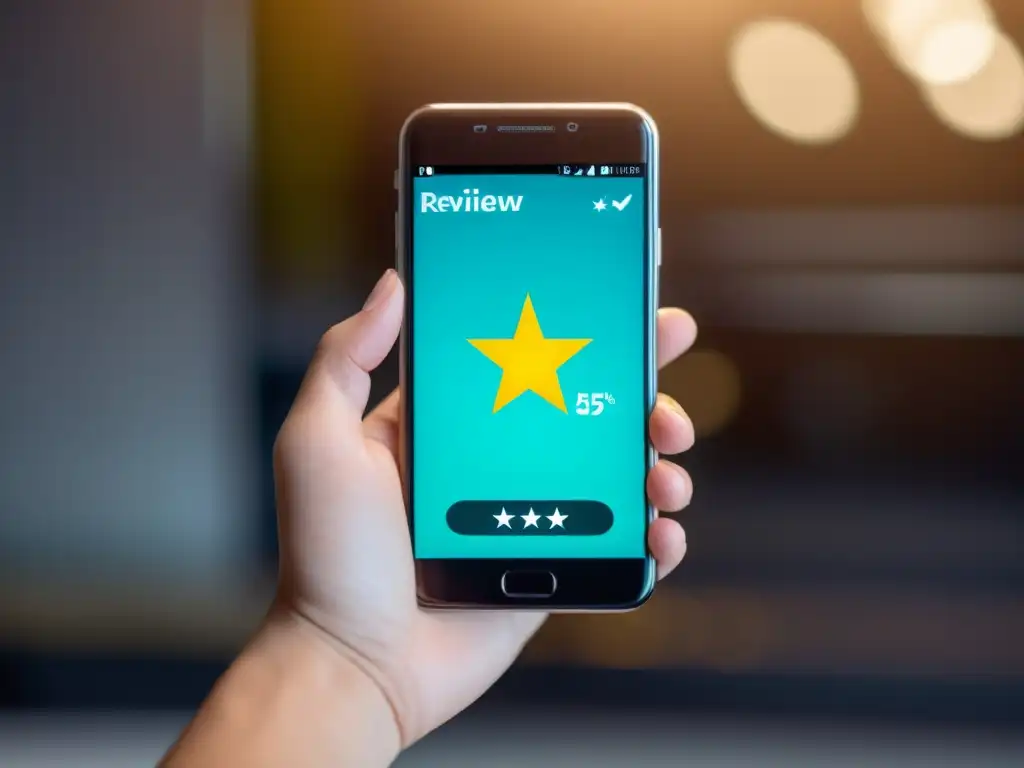 Mano sosteniendo smartphone con opinión de 5 estrellas
