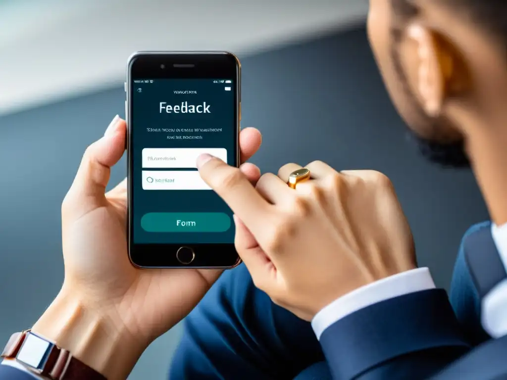 Mano sostiene smartphone con formulario de feedback de usuarios, resalta importancia del feedback en el desarrollo del ecommerce