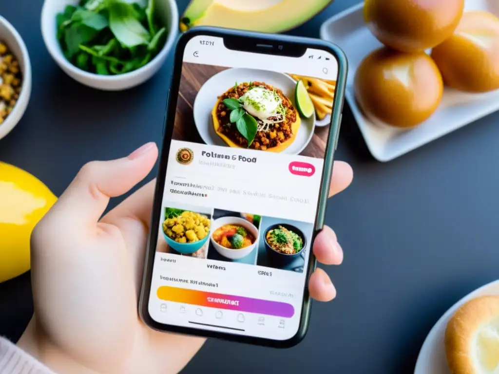 Mano sostiene smartphone con perfil de influencer de alimentos en Instagram, mostrando imágenes vibrantes y atrayentes