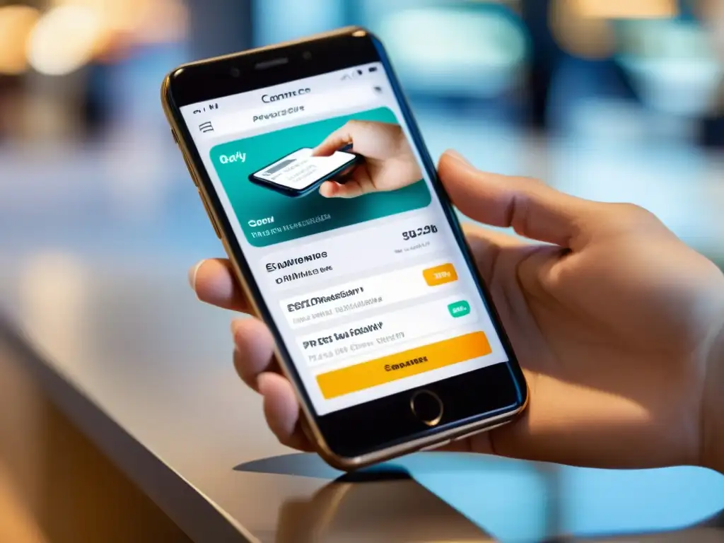 Mano usando smartphone para comprar en plataforma ecommerce, destaca interfaz personalizada y proceso de checkout