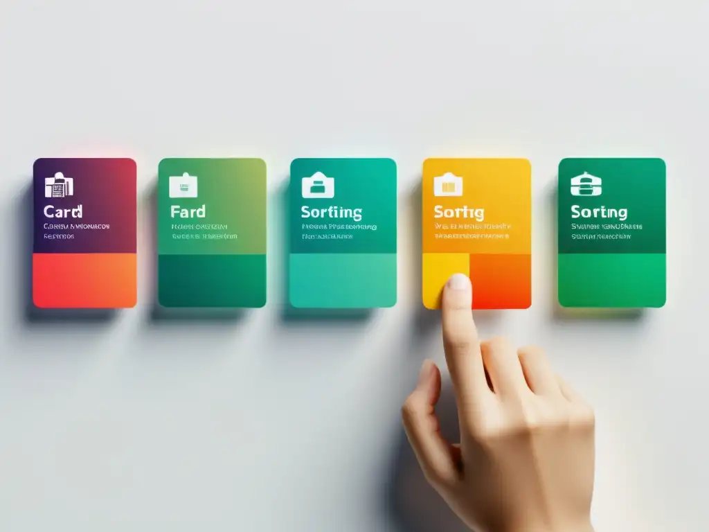 Mano ordenando tarjetas virtuales de diferentes categorías para mejorar la navegación en ecommerce