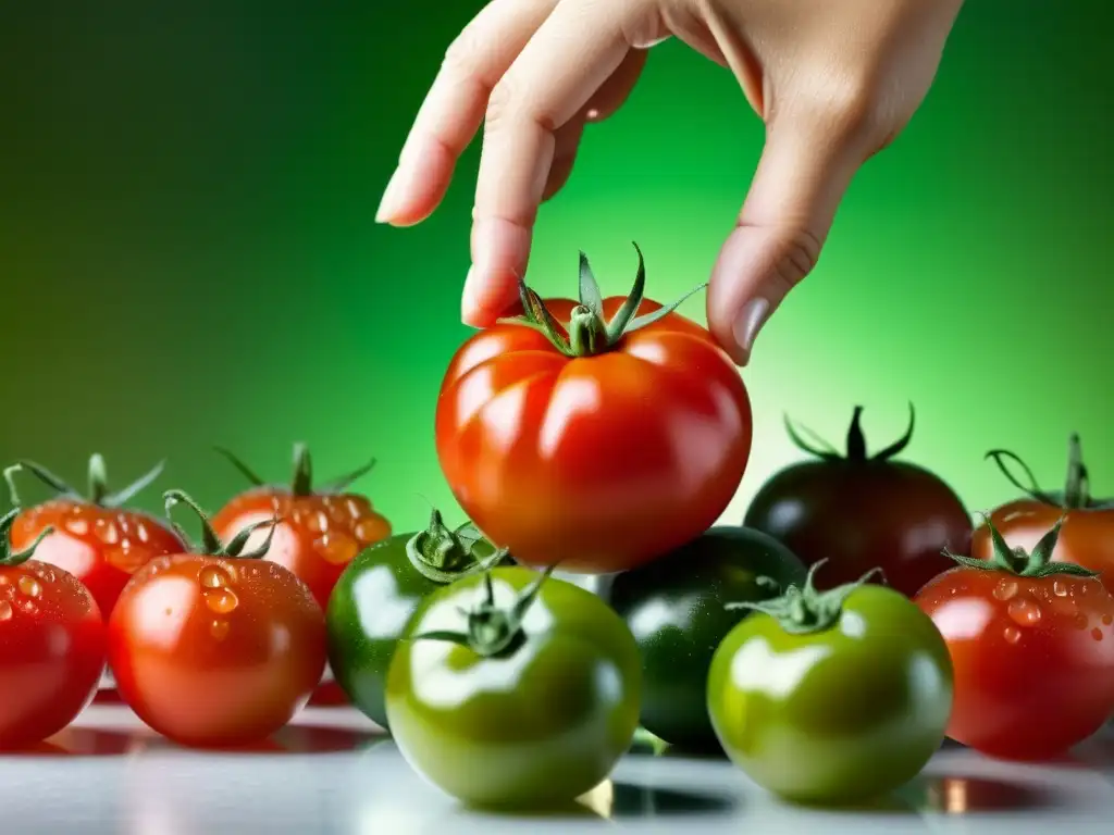 Mano seleccionando tomate rojo maduro de alta calidad en montón de productos frescos