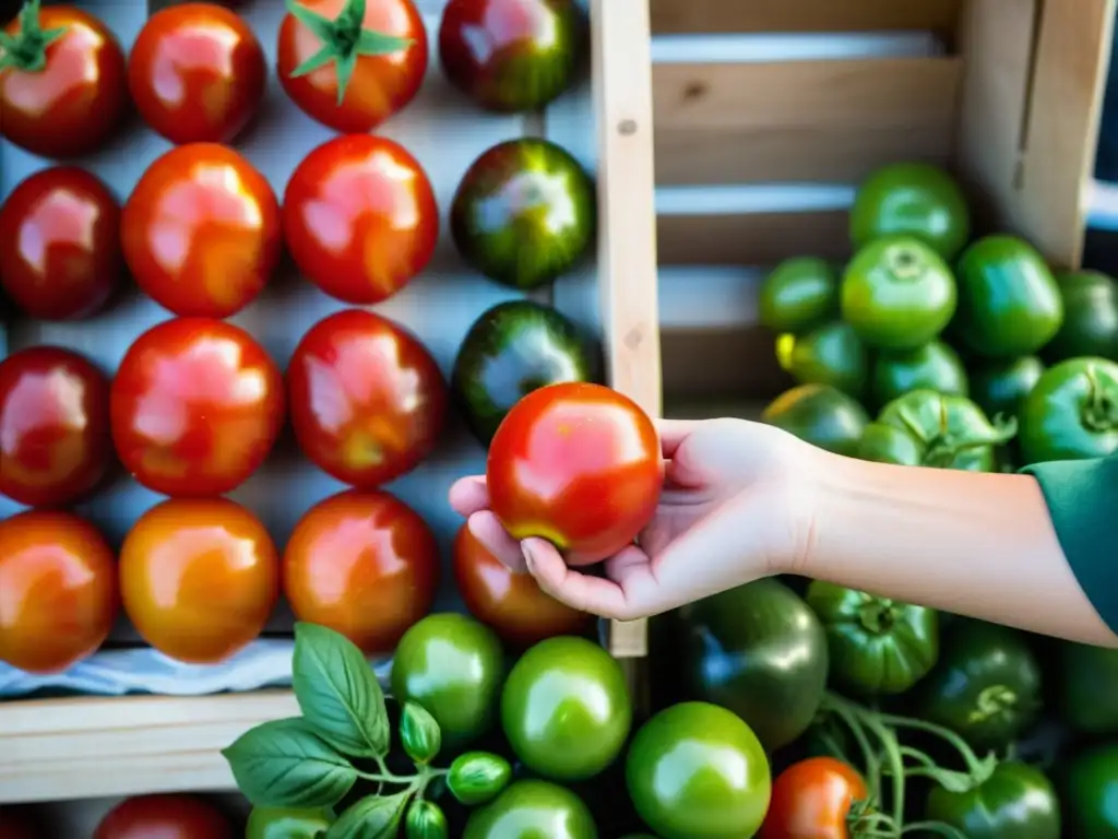 Mano seleccionando tomate rojo vibrante en mercado