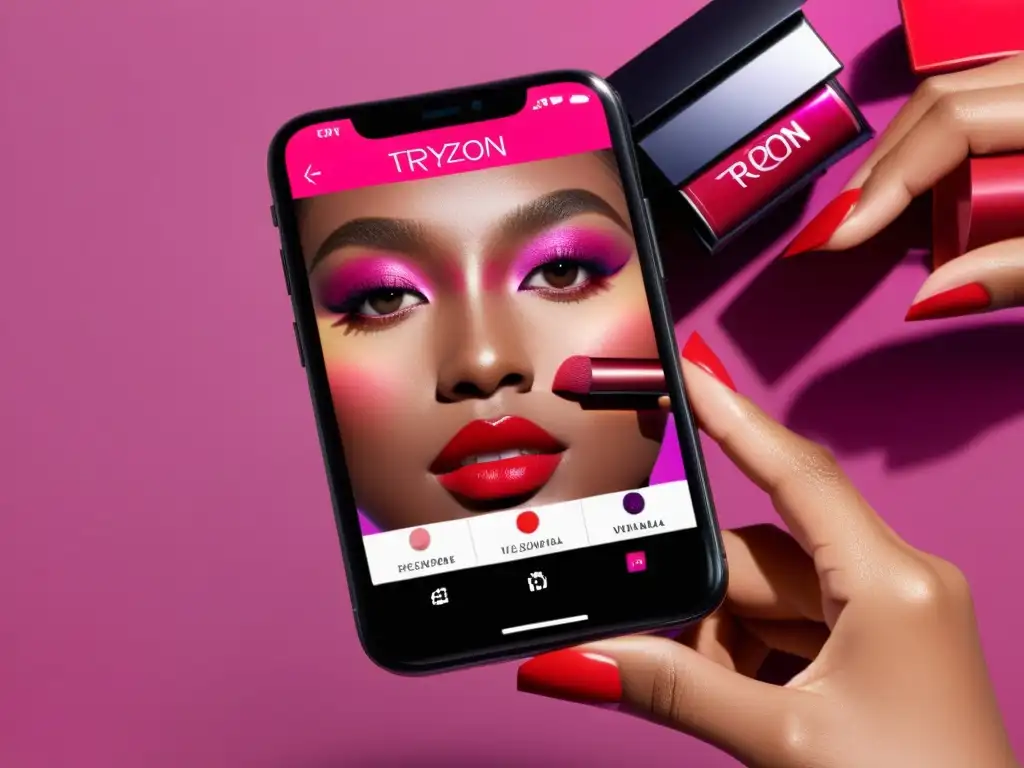 Una mano desliza tonos de lápiz labial en un elegante smartphone con probadores virtuales de maquillaje online