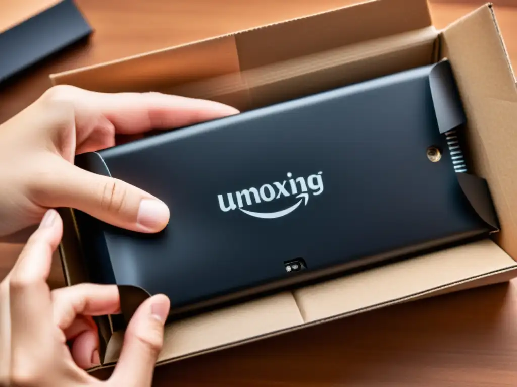 Manos desempaquetando con emoción un dispositivo electrónico negro mate, evolución de la experiencia de unboxing