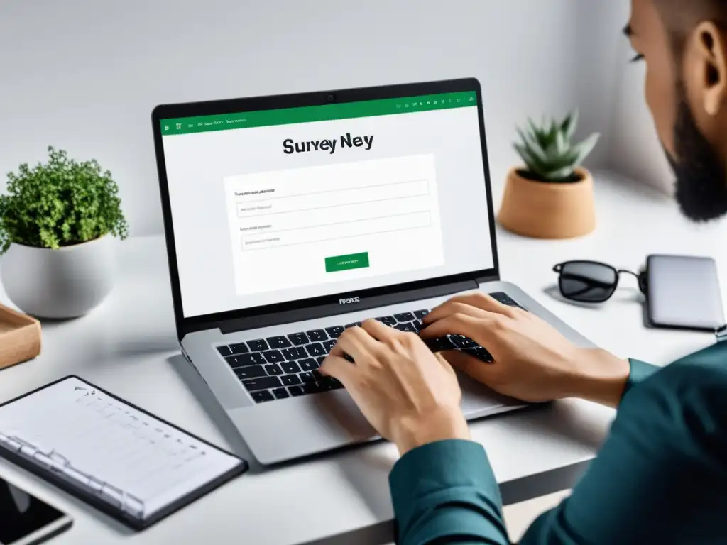 Manos escribiendo en un portátil blanco sobre un escritorio ordenado, con una encuesta online efectiva para Ecommerce en la pantalla