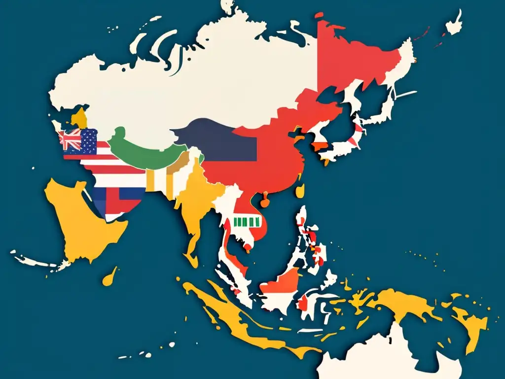 Mapa de Asia con banderas nacionales superpuestas, representando las regulaciones comercio electrónico Asia