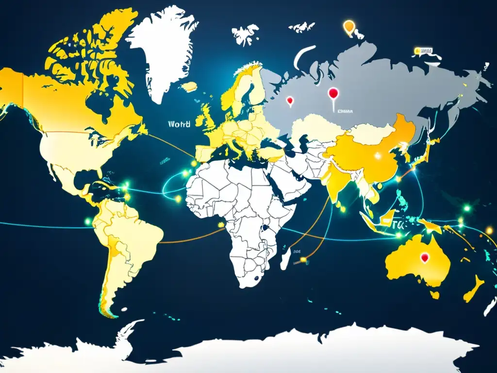 Mapa detallado del mundo con rutas comerciales resaltadas en colores, mostrando la interconexión del comercio global