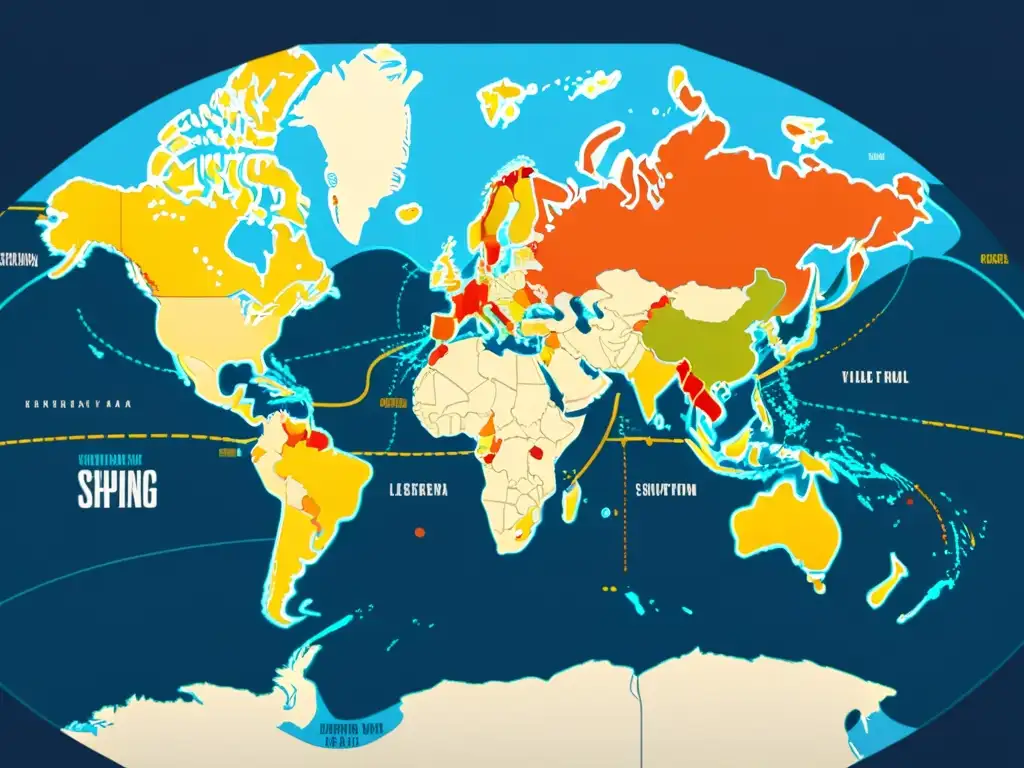 Mapa detallado del mundo con rutas de envío resaltadas en colores, mostrando la interconexión global y factores que influyen en las tarifas envío internacionales competitivas