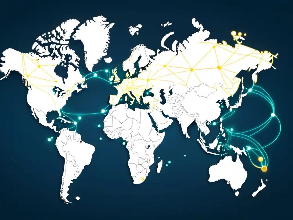 Mapa detallado del mundo con rutas comerciales destacadas, resaltando el impacto de la Ley de Economía Digital China en el comercio internacional