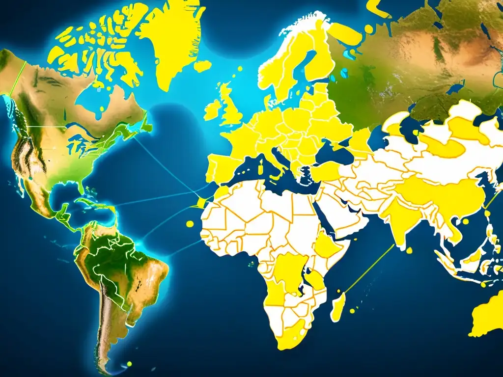 Mapa detallado resalta rutas comerciales y nodos logísticos, reflejando la conectividad en la logística en comercio electrónico transfronterizo