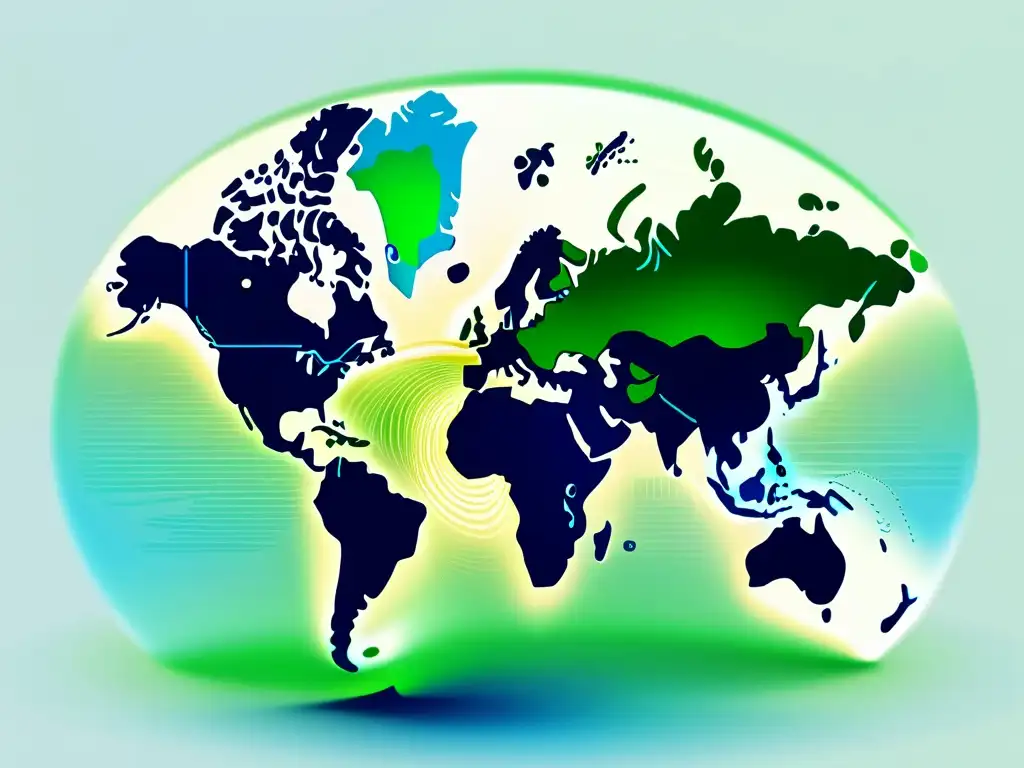 Mapa digital de impuestos globales en tonos azules y verdes, nodos interconectados representan países y regiones