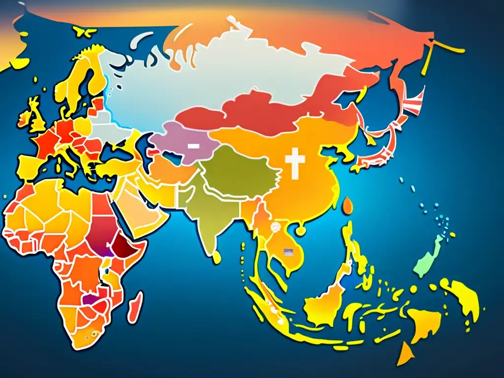 Mapa digital de Asia con rutas comerciales resaltadas en colores vibrantes, símbolos de comercio electrónico transparentes