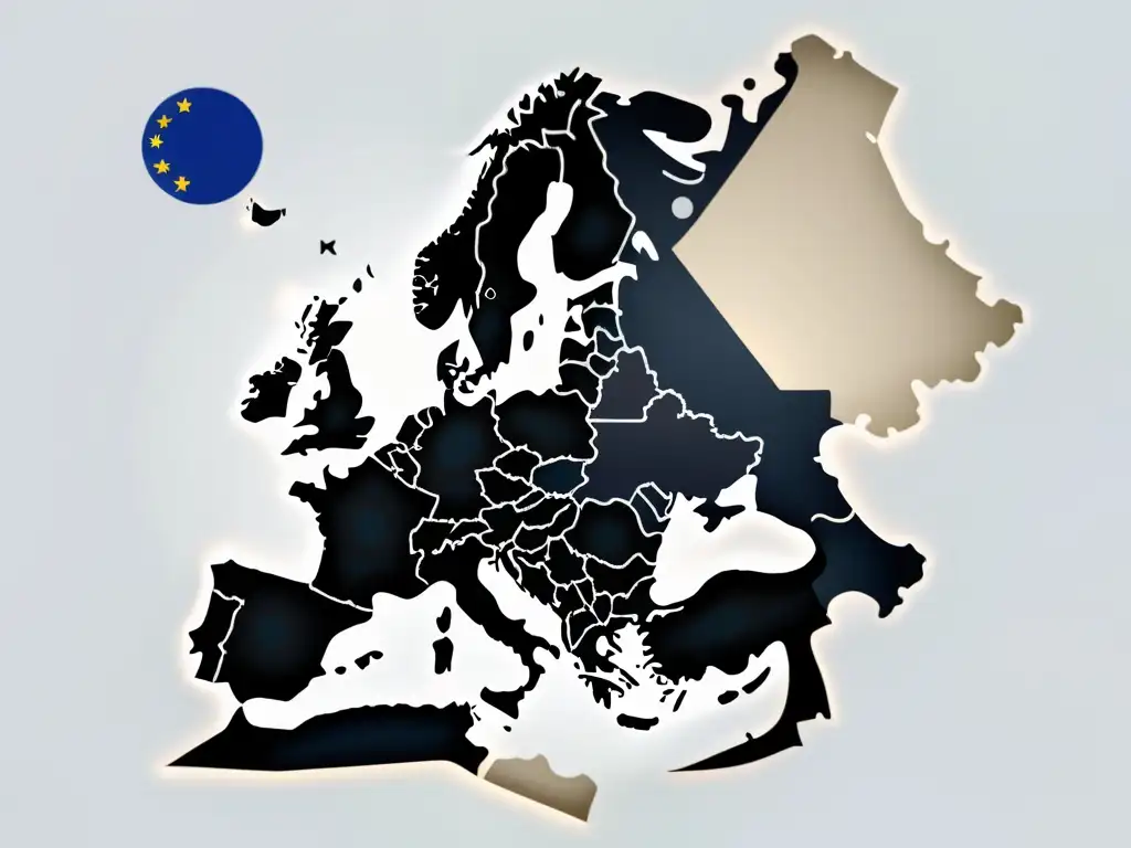 Mapa europeo minimalista con líneas de comercio electrónico interconectadas y símbolos digitales de moda, electrónica y belleza