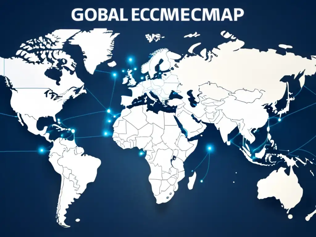 Un mapa global detallado en 8k con líneas y nodos representando transacciones de eCommerce internacionales