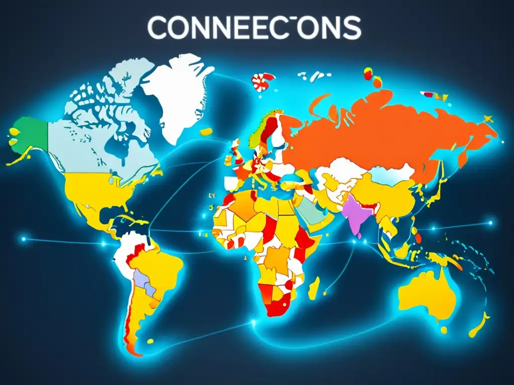 Mapa global detallado resaltando países en colores, rodeado de iconos modernos, para técnicas efectivas crossborder ecommerce