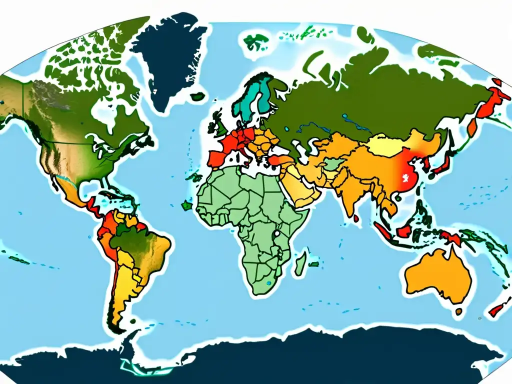 Mapa global detallado resaltando rutas comerciales, mostrando la complejidad de las regulaciones aduaneras en el comercio electrónico internacional