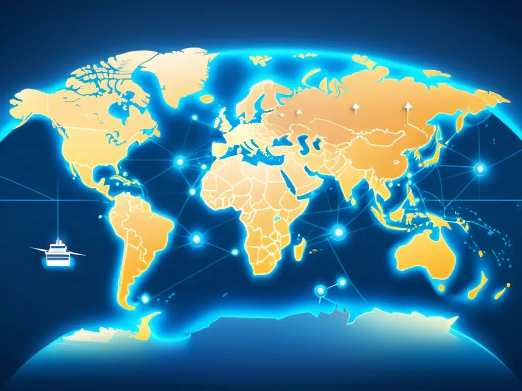 Mapa global detallado en 8k con rutas comerciales, iconos de transporte y conectividad global, en tonos cálidos