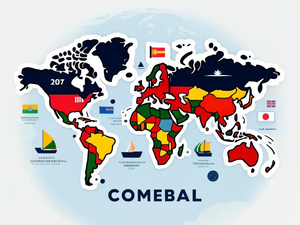 Mapa global con festivales internacionales y fechas comerciales, exuda influencia cultural y conectividad global