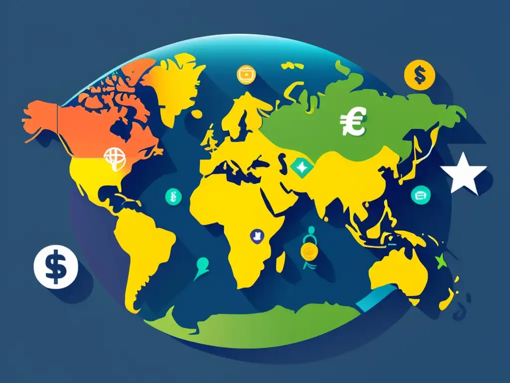 Mapa global con íconos de ecommerce y símbolos monetarios en distintas regiones, simbolizando las estrategias de precios ecommerce internacional