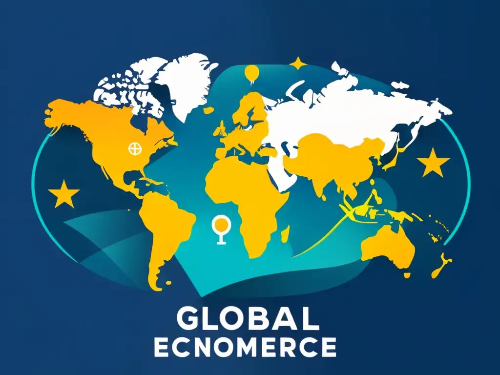 Mapa global con íconos de ecommerce representando la influencia de eventos de descuentos globales en economías emergentes