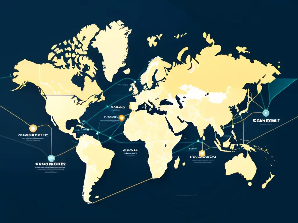 Mapa global con líneas e iconos, representando transacciones de ecommerce transfronterizo