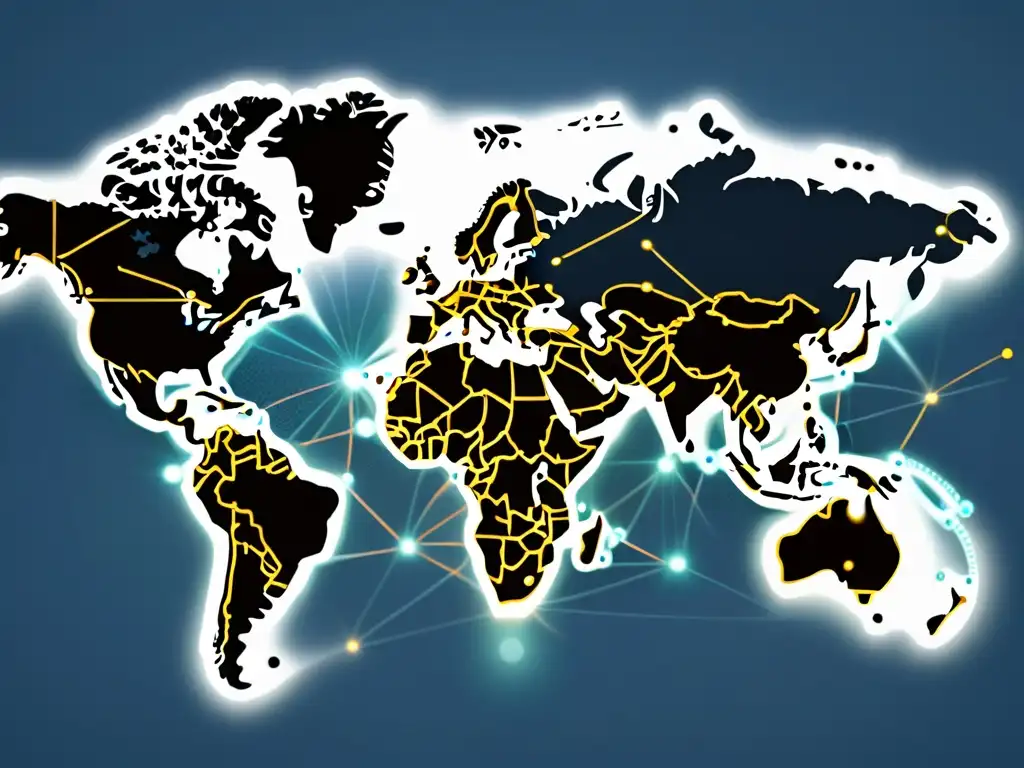 Mapa global con líneas y nodos conectados, representando centros de fulfillment internacionales