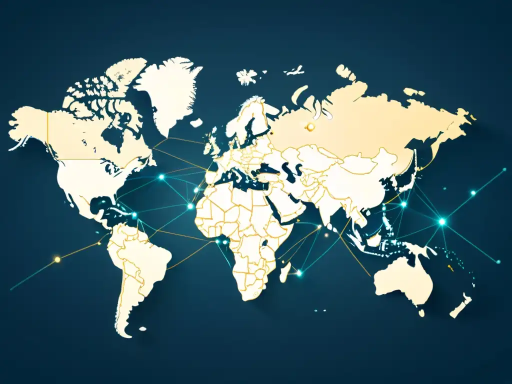 Mapa global minimalista con líneas y nodos que representan transacciones de ecommerce internacionales, transmitiendo complejidad y conexión