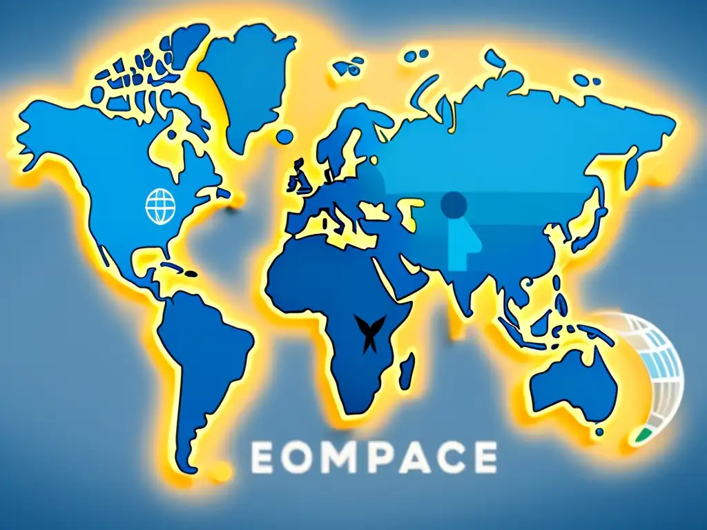 Un mapa global minimalista con rutas comerciales y símbolos de pago digital, representando regulaciones internacionales comercio electrónico en tonos de azul y gris, con líneas modernas y detalles minimalistas