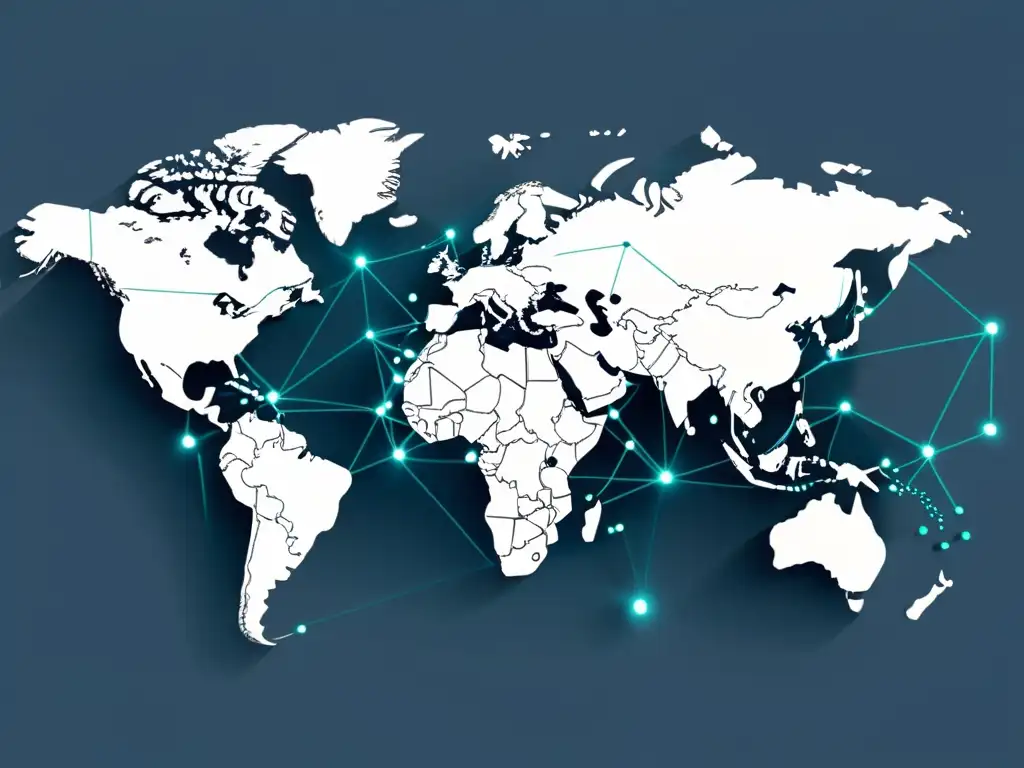 Mapa global de nodos digitales interconectados en tonos monocromáticos, representando la regulación de etiquetado de productos en el comercio electrónico internacional