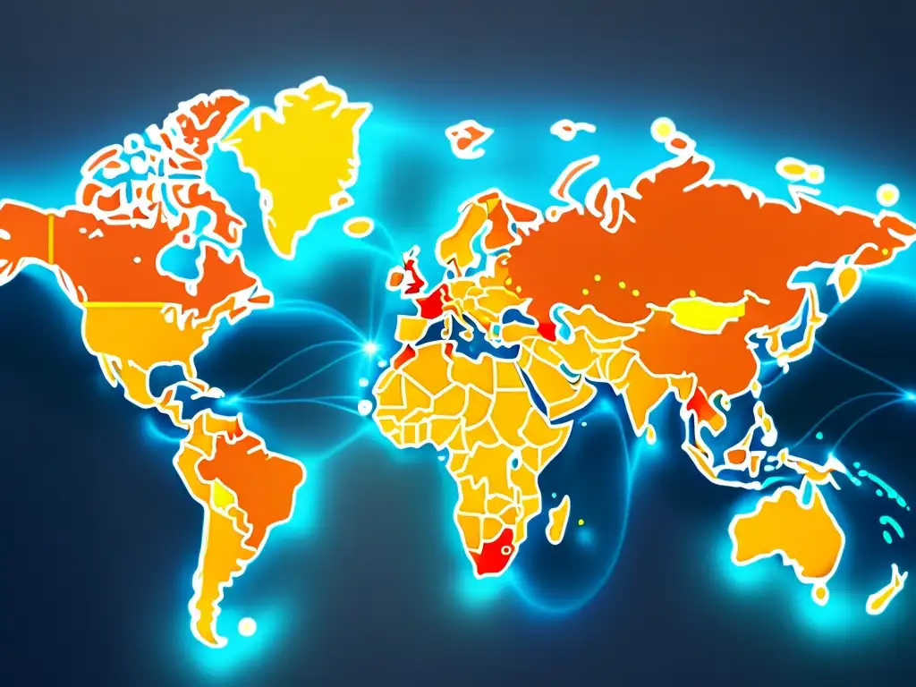 Mapa global con nodos de ecommerce y documentos legales, representando las regulaciones legales ecommerce internacional en colores vibrantes