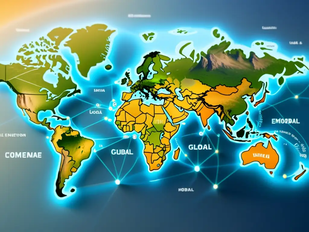 Mapa global de nodos de ecommerce integrados, evocando la integración global y local en Ecommerce con tonos de azul y gris