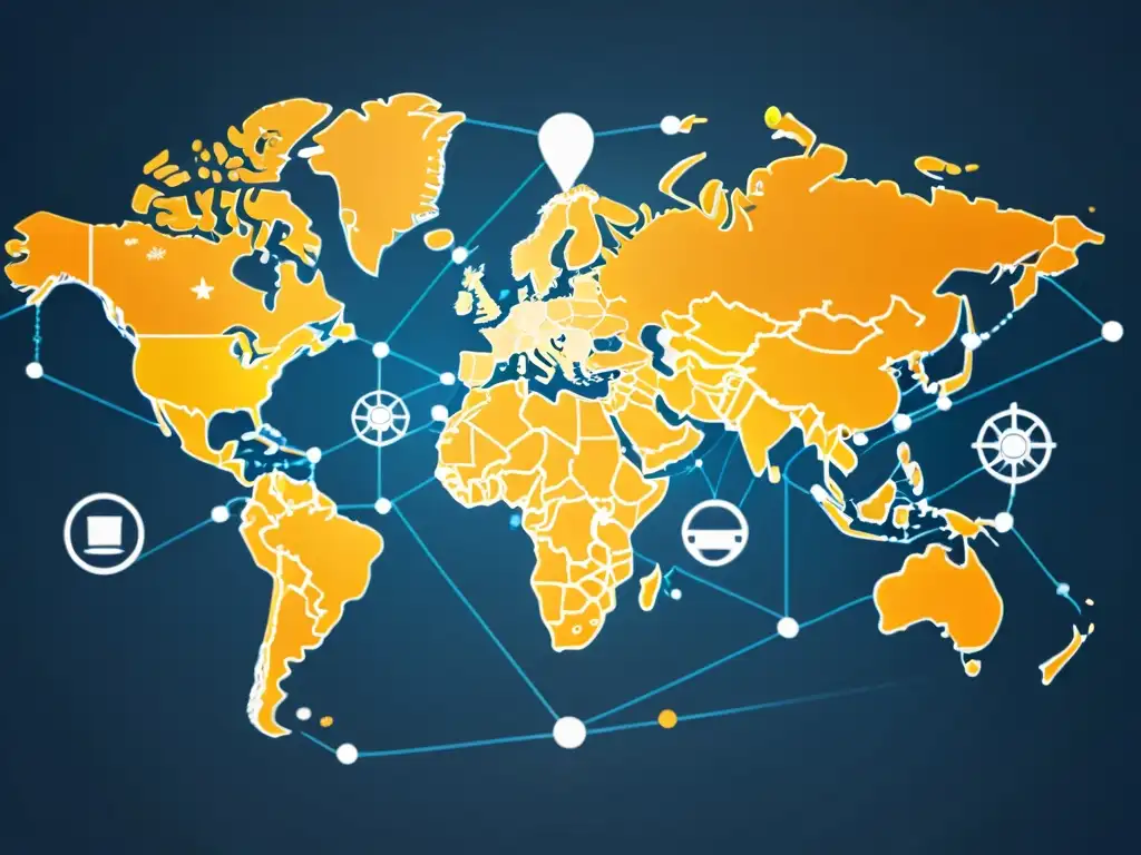 Mapa global con nodos interconectados y tecnologías para gestión inventarios transfronterizos