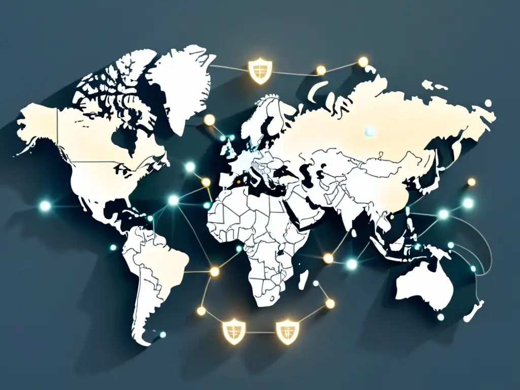 Mapa global con nodos de transacciones internacionales de ecommerce, seguridad y eficiencia