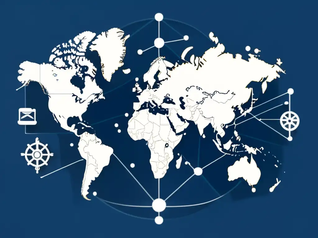 Mapa global con transacciones crossborder ecommerce, monedas y productos intercambiados, en tonos sofisticados