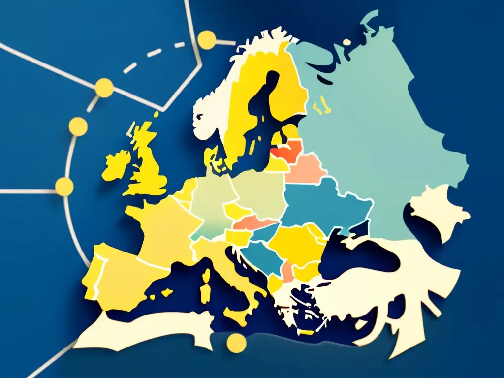 Mapa de Europa con líneas punteadas conectando países, iconos de carritos de compras, euros y dispositivos digitales